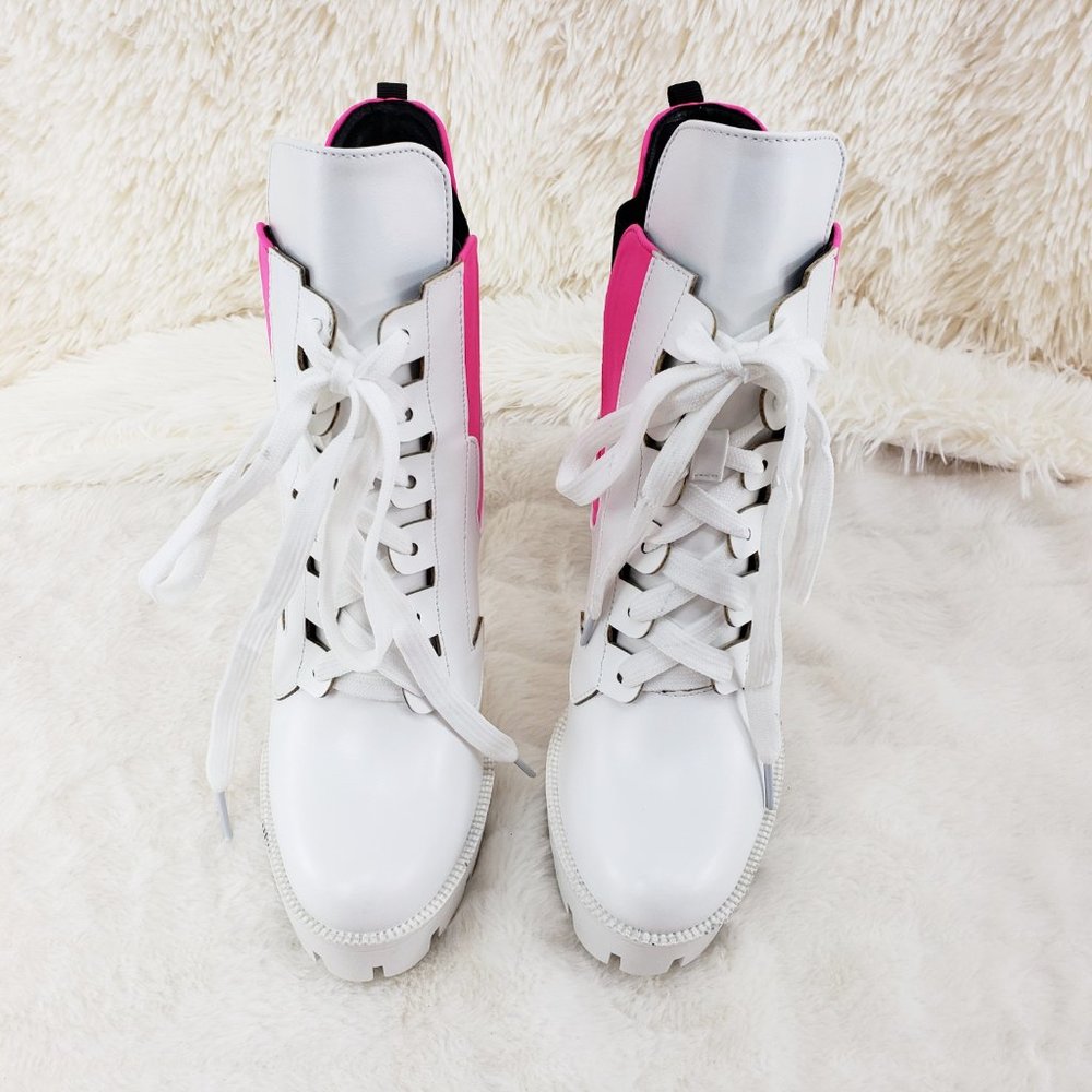 4" Heel Chunky Platform Ankle Boots White Pink - Picture 8 of 9